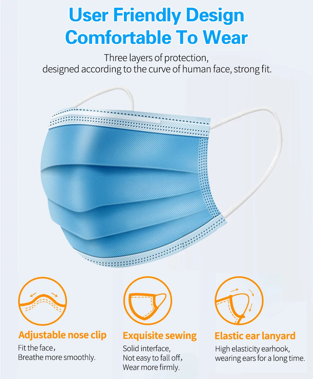 Fast Delivery Mascarillas Mask Disposable Non Wove Meltblown Cloth 3Layer Ply Filter Mask Mouth Face Mask Breathable Masque Mask