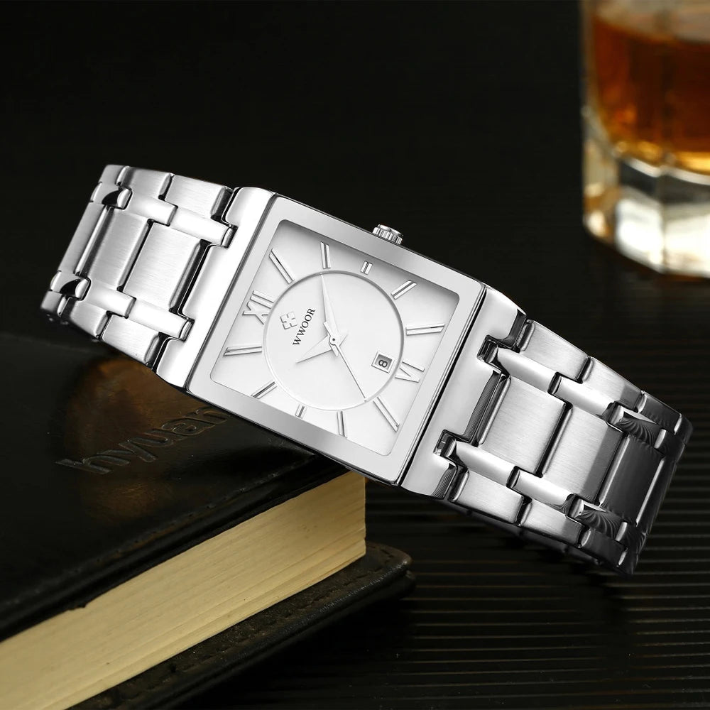 WWOOR Fashion Square White Watches Mens Top Brand Luxury Quartz Wristwatches For Men Casual Waterproof Silver Clock Reloj Hombre