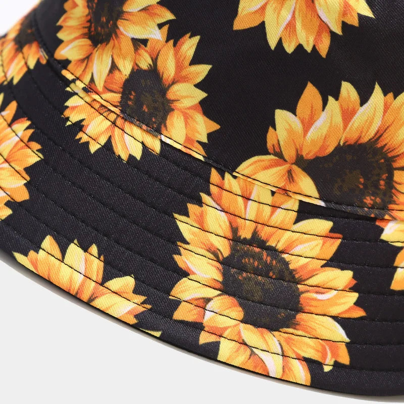 New Double-side Harajuku Bucket Hat Fishing Outdoor Cap Women Bucket Fishing Hats Sunscreen Sunflower Embroidery Fisherman Hat