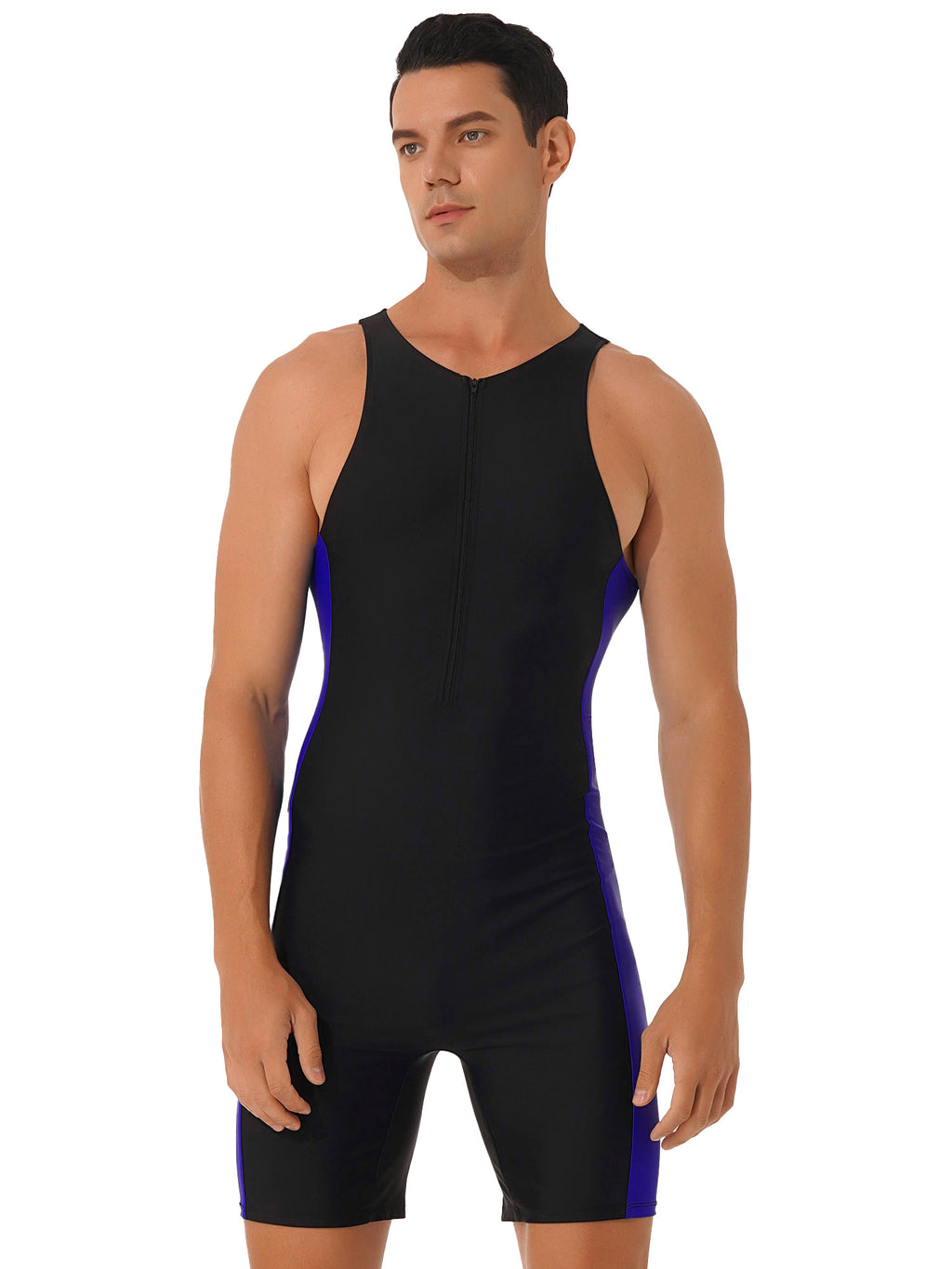 Mens Swimwear One-piece Wetsuit Swimming Bathing Suit Round Neck Sleeveless Side Shorts Bodysuit Triathlon Front Zipper Swimsuit