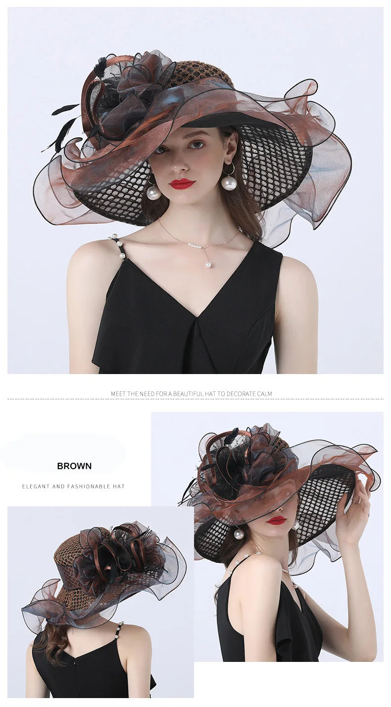 FS Women Organza Red Hats Wedding Fascinators Elegant Big Wide Brim Fedora Kentucky Derby Hats Party Formal Church Ladies Hat