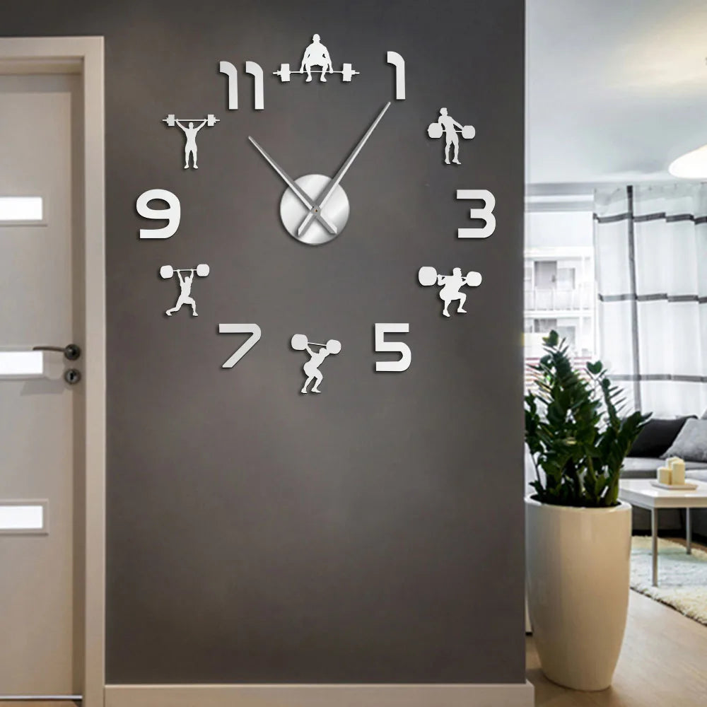Weightlifting Fitness Room Wall Decor DIY Giant Wall Clock Mirror Effect Powerlifting Frameless Large Wall Clock GYM Wall Watch