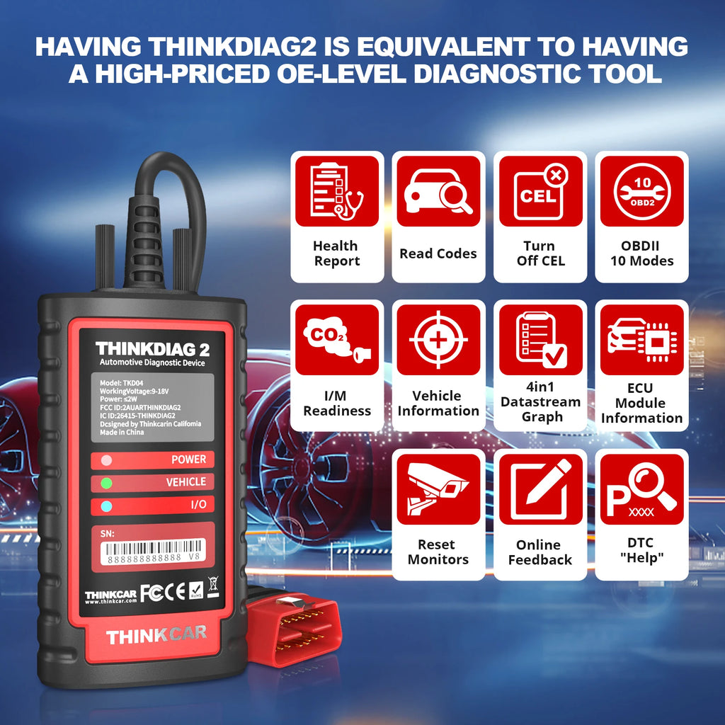 US EU Thinkdiag 2 OBD2 Scanner Support CAN FD Protocols Fit for Car Brands Free Full Softwares 16 Reset Functions ECU Code