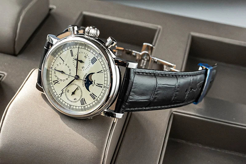 Sugess Chronograph ST1908 Movement Vintage Leather Watch Hand Winding Mechanical 59 Wheels Genuine Moonphase Calendar