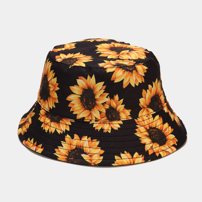New Double-side Harajuku Bucket Hat Fishing Outdoor Cap Women Bucket Fishing Hats Sunscreen Sunflower Embroidery Fisherman Hat