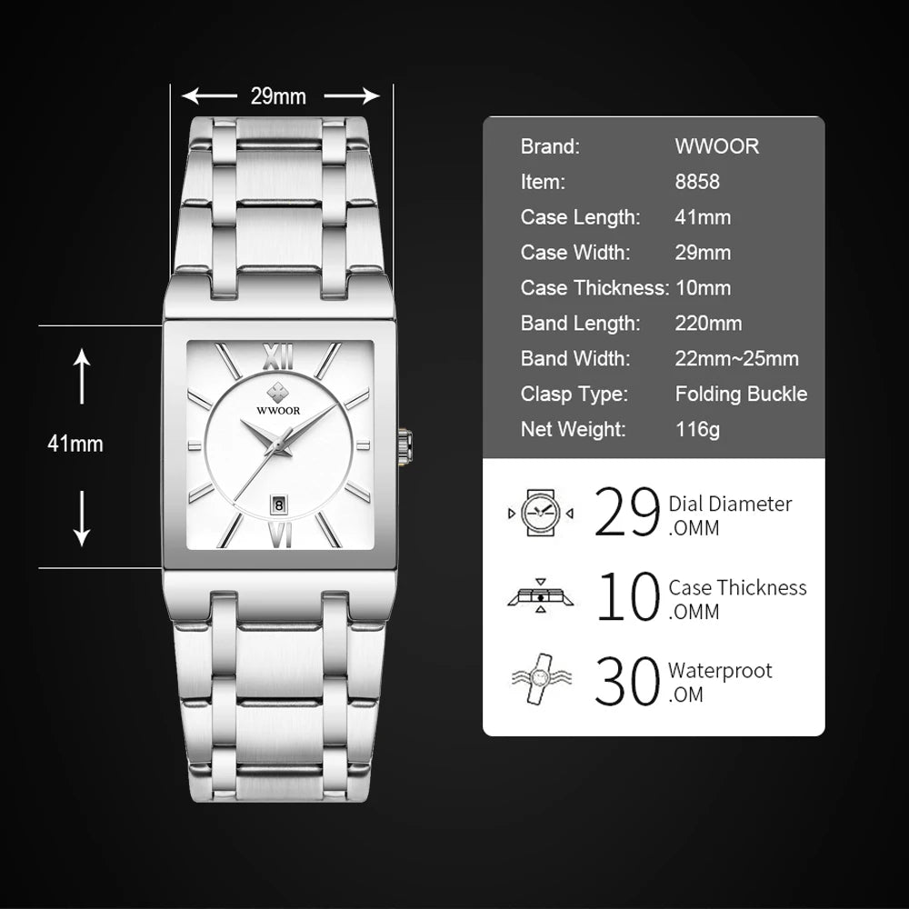 WWOOR Fashion Square White Watches Mens Top Brand Luxury Quartz Wristwatches For Men Casual Waterproof Silver Clock Reloj Hombre