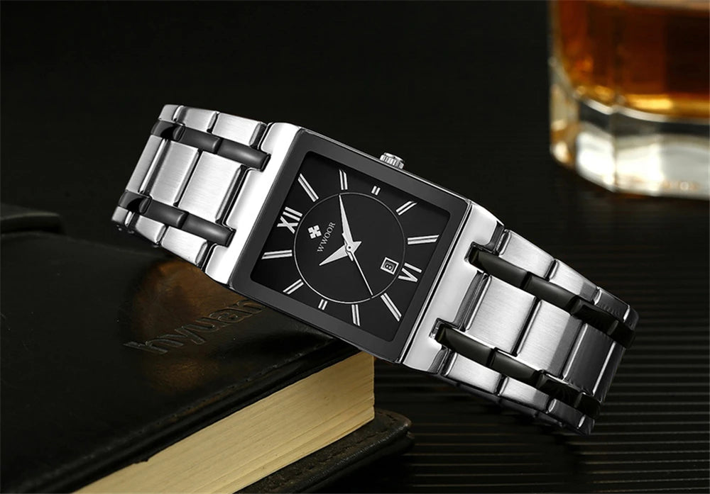 WWOOR Fashion Square White Watches Mens Top Brand Luxury Quartz Wristwatches For Men Casual Waterproof Silver Clock Reloj Hombre