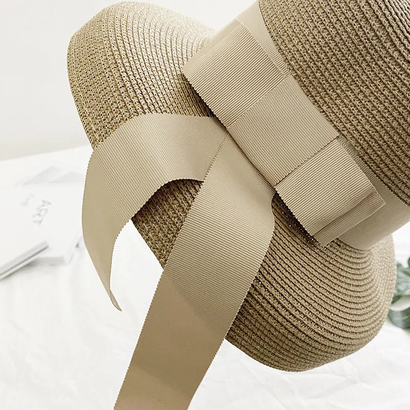 2025 New Summer Sun Hat Bow Straw Hat Visor Temperament Flat Panama Hats Women's Sea Beach Vacation Leisure Sunscreen Hat
