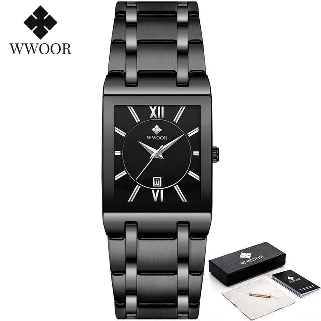 WWOOR Fashion Square White Watches Mens Top Brand Luxury Quartz Wristwatches For Men Casual Waterproof Silver Clock Reloj Hombre