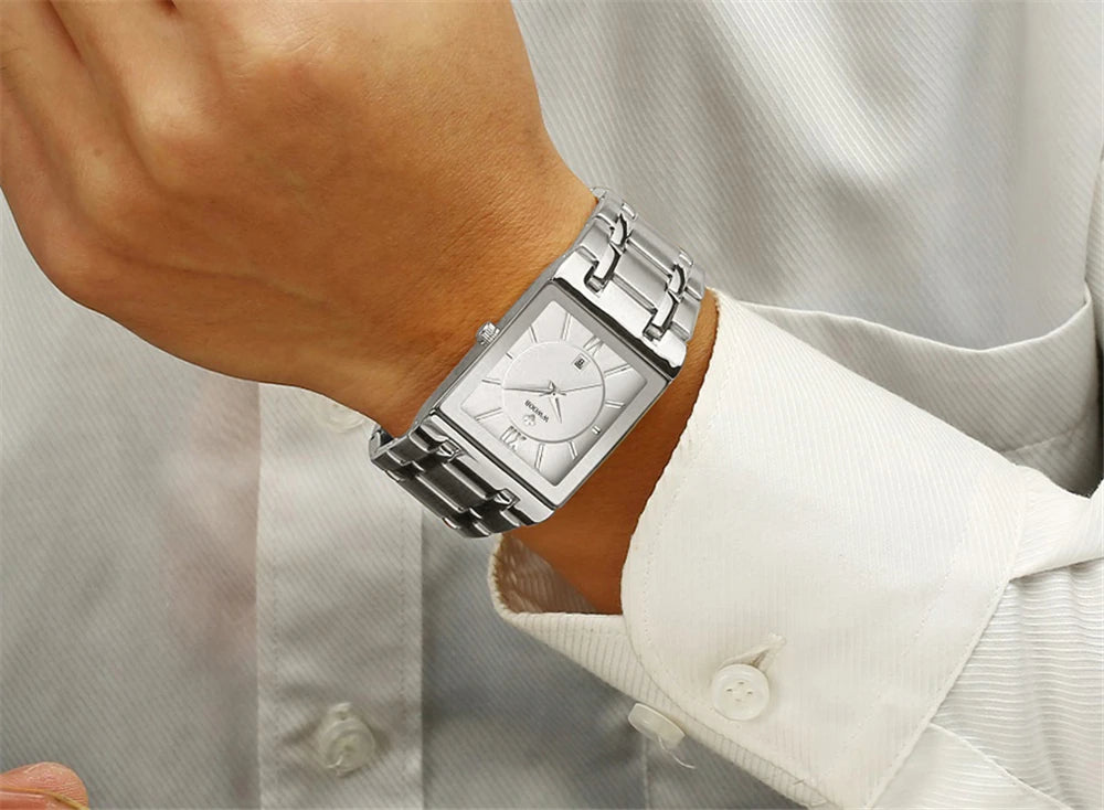 WWOOR Fashion Square White Watches Mens Top Brand Luxury Quartz Wristwatches For Men Casual Waterproof Silver Clock Reloj Hombre