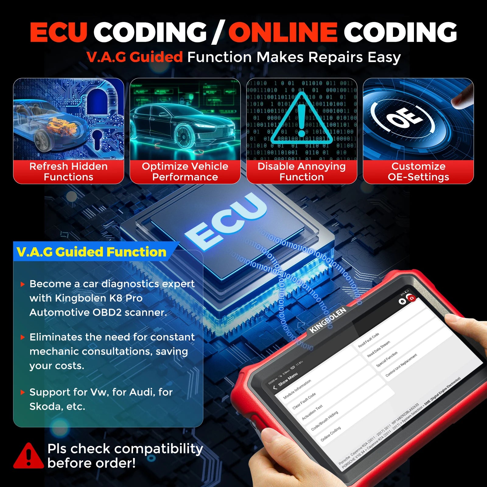 US EU Warehouse KINGBOLEN K8 PRO All System Diagnostic Scan Tool Bi-Directional CAN-FD OBD2 Scanner 34 Reset ECU Coding