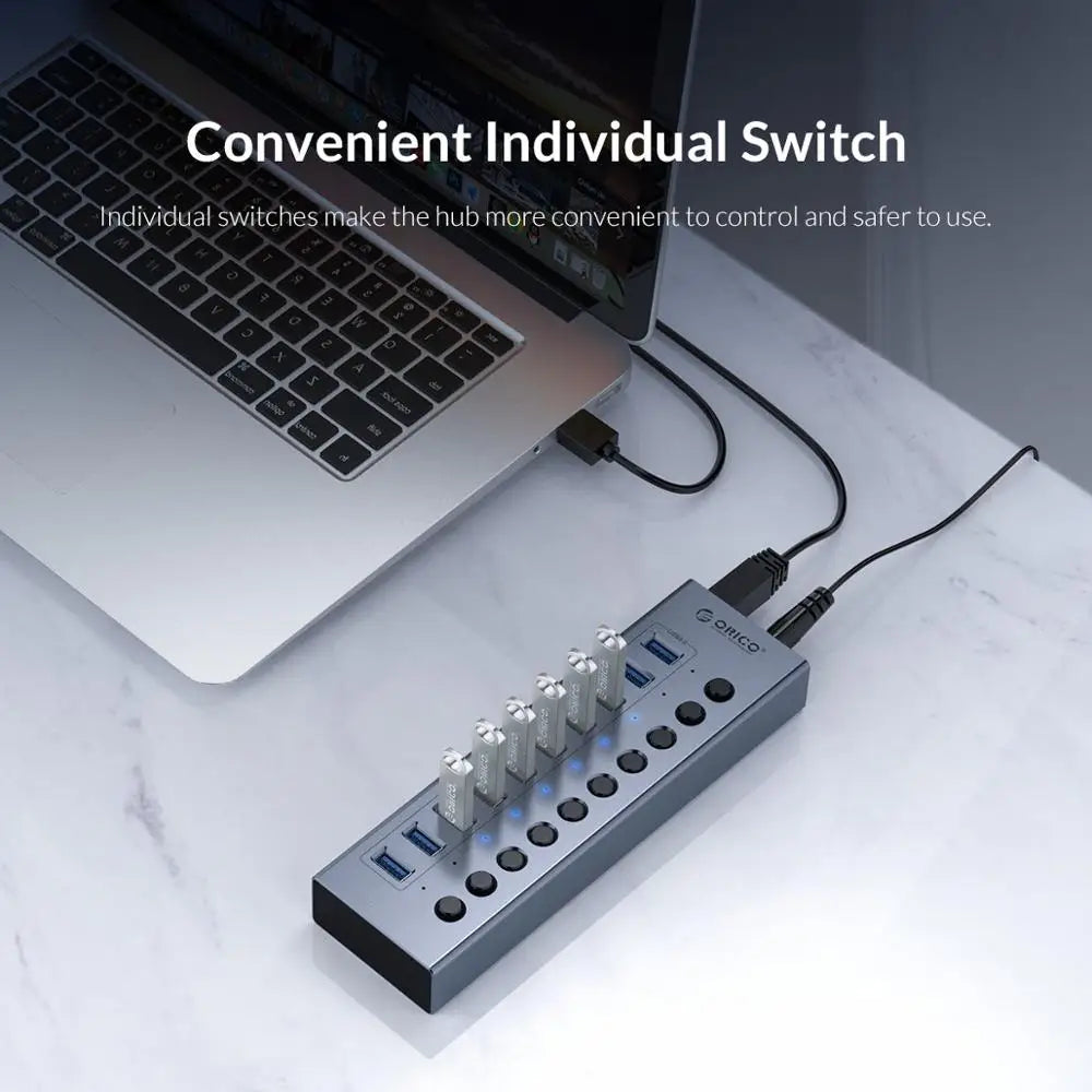 ORICO Industrial USB 3.0 HUB 7/10/13/16 Aluminum USB Splitter On/Off Switch With 12V Power Adapter Support Charging for Computer