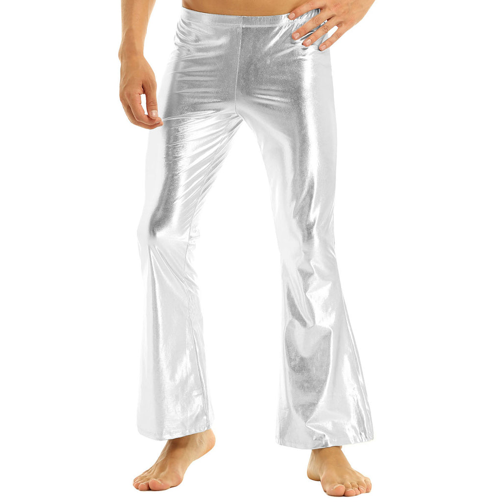 Men Metallic Shiny Flared Pants Retro Disco Costume Elastic Waistband Bell Bottom Trousers Long Pants 70s Party Show Clubwear