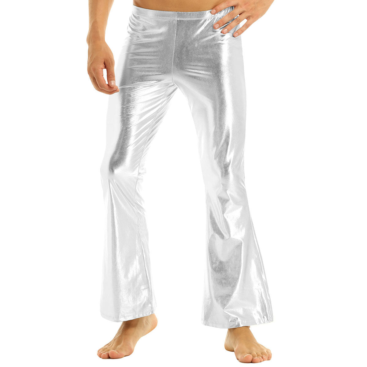 Men Metallic Shiny Flared Pants Retro Disco Costume Elastic Waistband Bell Bottom Trousers Long Pants 70s Party Show Clubwear