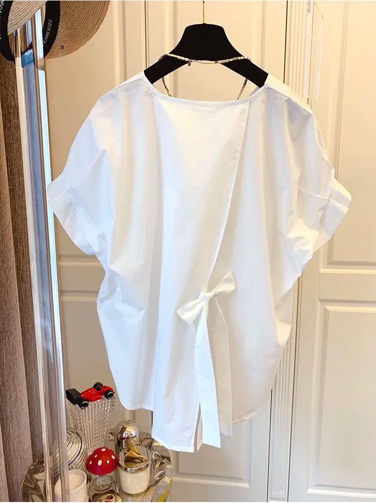 Woherb Cotton Asymmetrical Crop Blouse Women Korean Pleated Bow Bandage Shirt Casual O-neck Solid Elegant Blusas Mujer Moda 2026