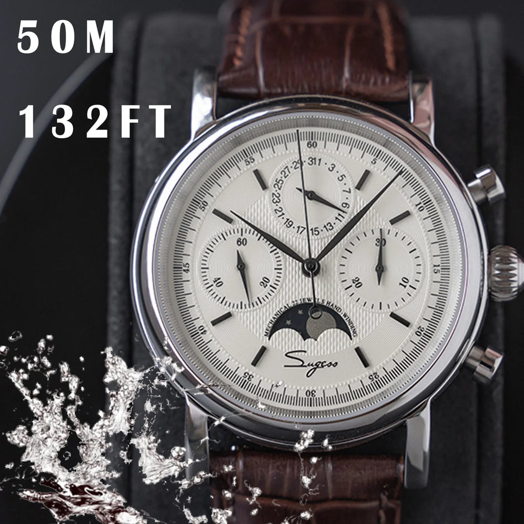 Sugess Chronograph ST1908 Movement Vintage Leather Watch Hand Winding Mechanical 59 Wheels Genuine Moonphase Calendar