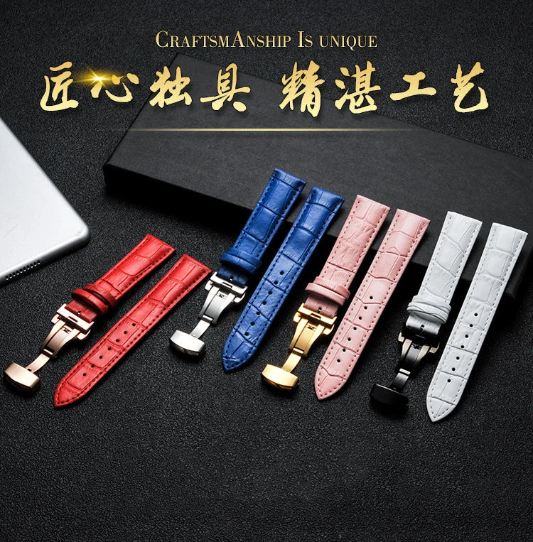 Calfskin Leather WatchBand 12mm 13mm 14mm 15mm 16mm 17mm 18mm 19mm 20mm 21mm 22mm 23mm 24mm Wrist Strap Butterfly Buckle Band