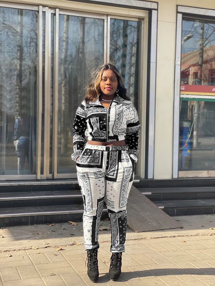 Paisley Bandana Print Two 2 Piece Set Women Fitness Sweatsuit Zipper Up Sweatshirt + Jogger Pants Set Tracksuit Vintage Outfits