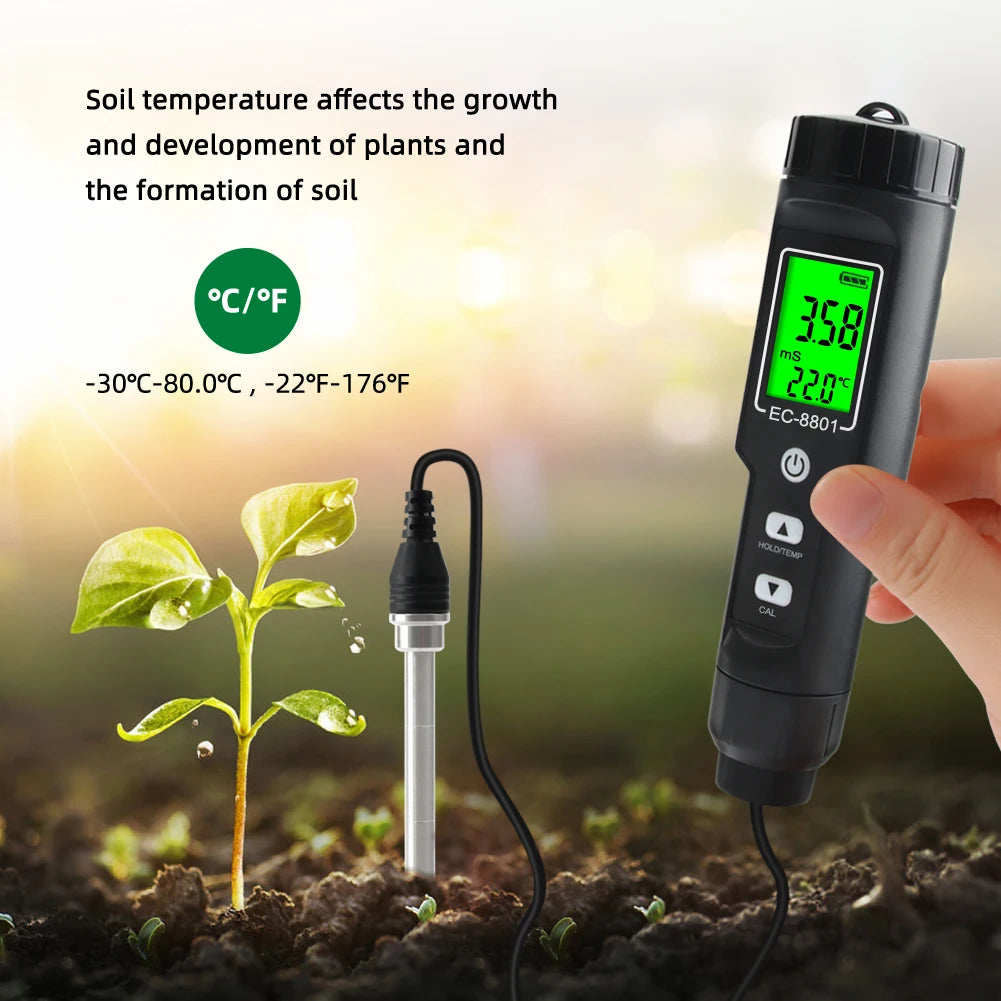 Digital EC/Temp Soil Tester 0.00~10.00mS/cm Conductivity Meter High Accuracy Sensor with ATC for Hydroponics Planting Gardening