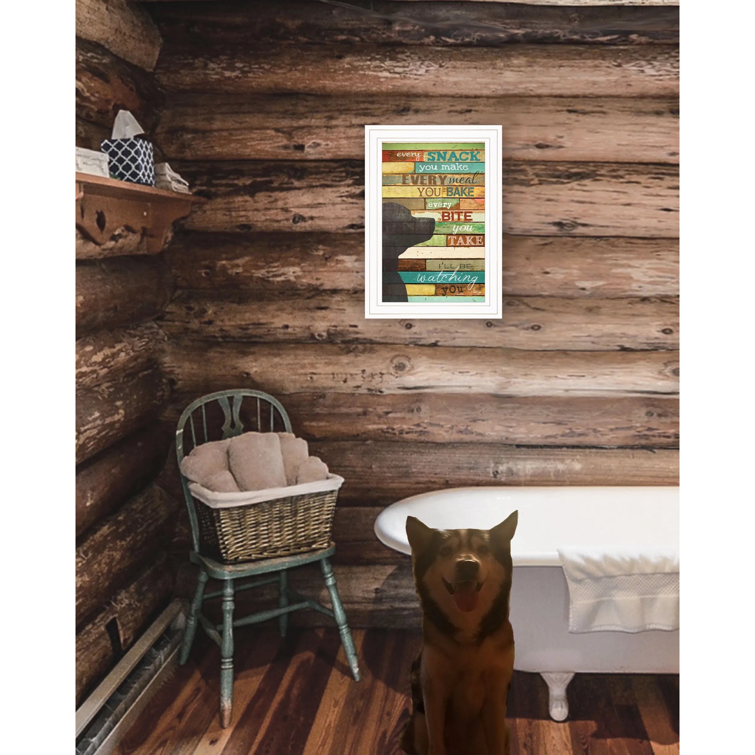 Colorful HMS Dog Watching You Snack Black Framed Print Wall Art