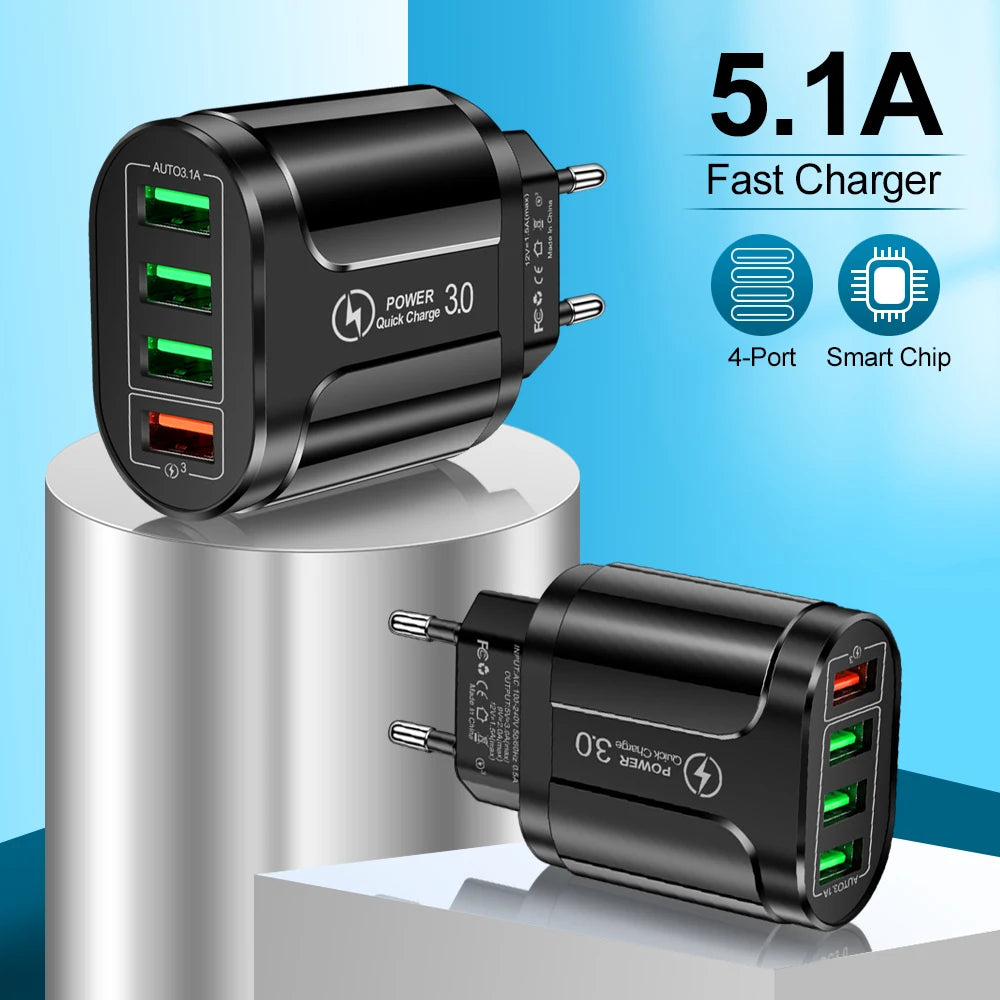 4 USB 45W USB Charger Fast Charge QC 3.0 Wall Charging For iPhone 12 11 Samsung Xiaomi Mobile 4 Ports EU US Plug Adapter Travel