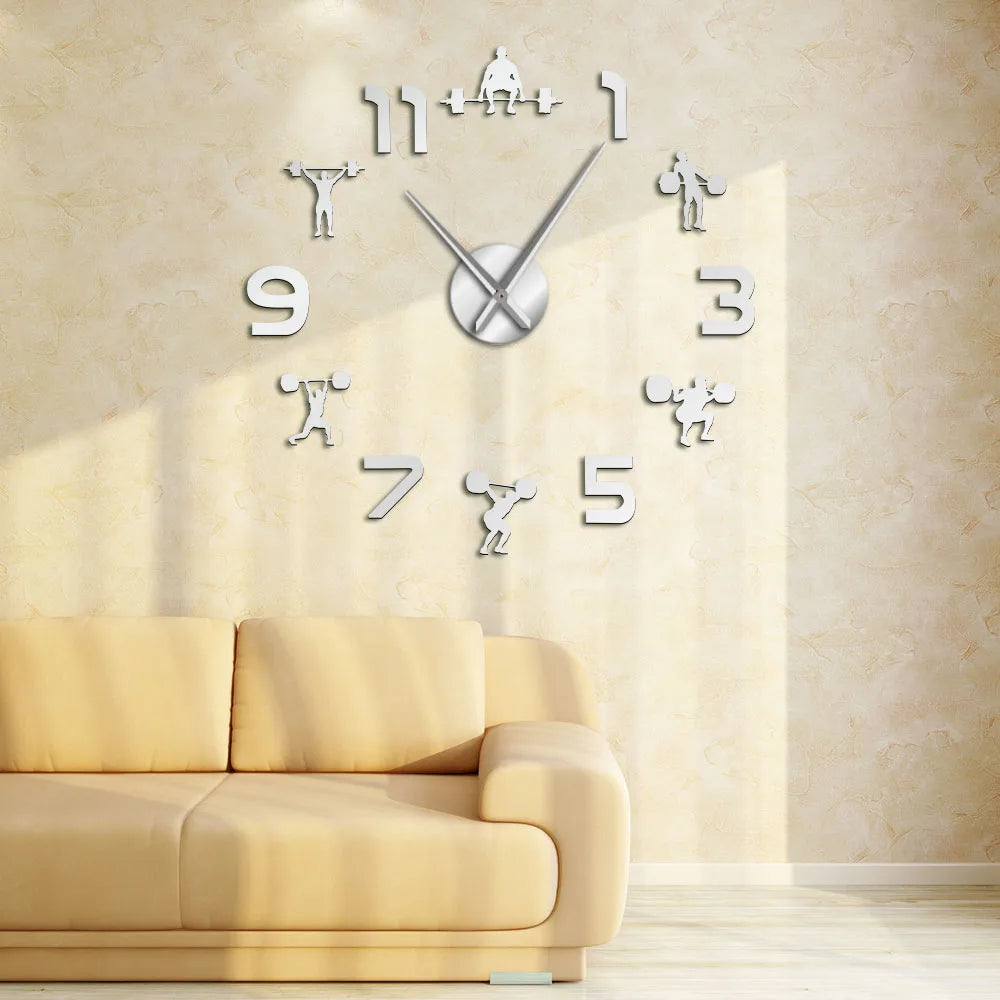 Weightlifting Fitness Room Wall Decor DIY Giant Wall Clock Mirror Effect Powerlifting Frameless Large Wall Clock GYM Wall Watch