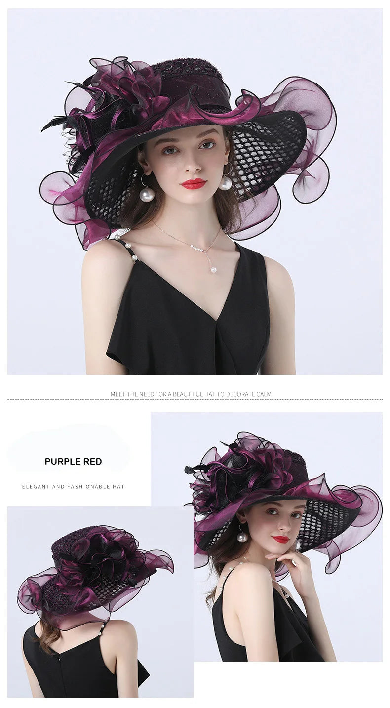 FS Women Organza Red Hats Wedding Fascinators Elegant Big Wide Brim Fedora Kentucky Derby Hats Party Formal Church Ladies Hat