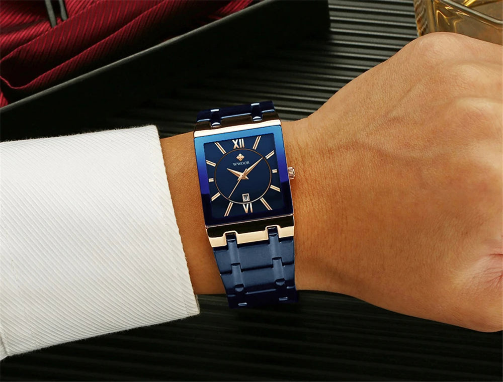 WWOOR Fashion Square White Watches Mens Top Brand Luxury Quartz Wristwatches For Men Casual Waterproof Silver Clock Reloj Hombre