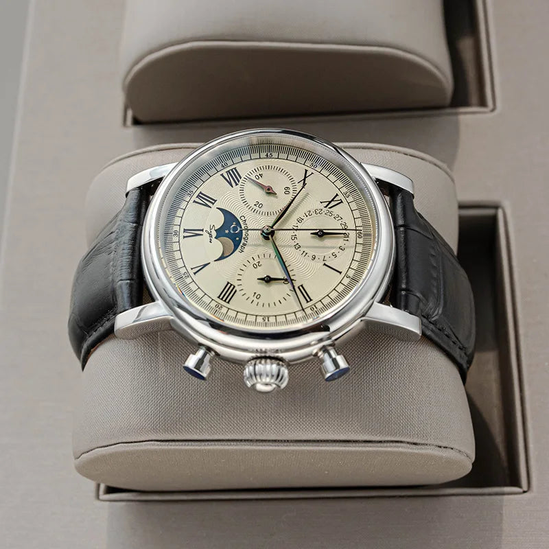 Sugess Chronograph ST1908 Movement Vintage Leather Watch Hand Winding Mechanical 59 Wheels Genuine Moonphase Calendar