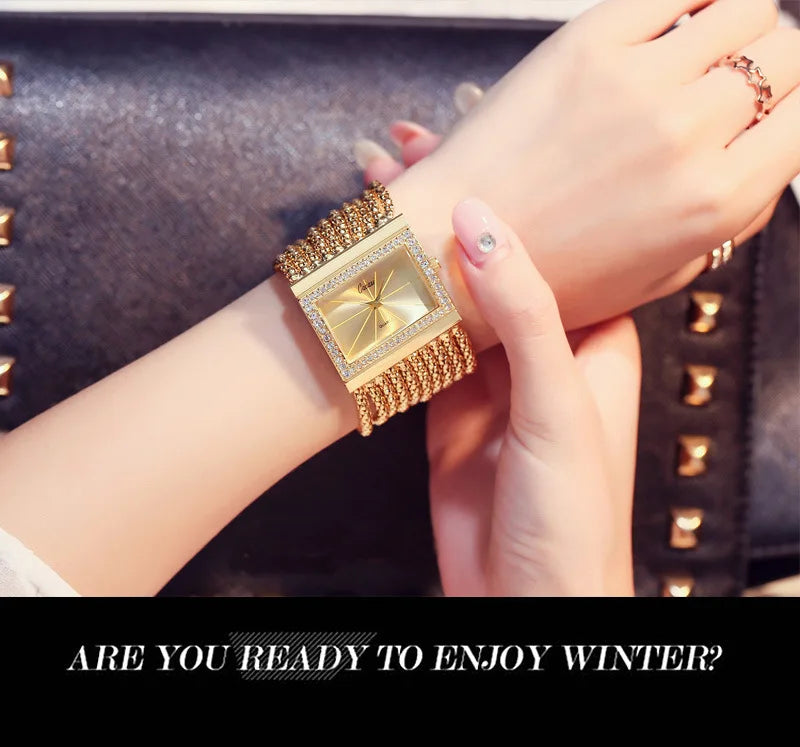 Hot Sale Fashion Wrist Watches For Women Square Bracelet Golden Women's Watches Diamond Women Quartz Watches Ladies Steel