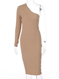 Solid Striped Knitted Women Long Sleeve One Shoulder Midi Dress Bodycon Sexy Streetwear 2021 Autumn Winter Elegant Club