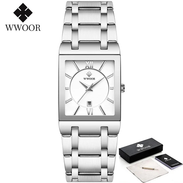 WWOOR Fashion Square White Watches Mens Top Brand Luxury Quartz Wristwatches For Men Casual Waterproof Silver Clock Reloj Hombre