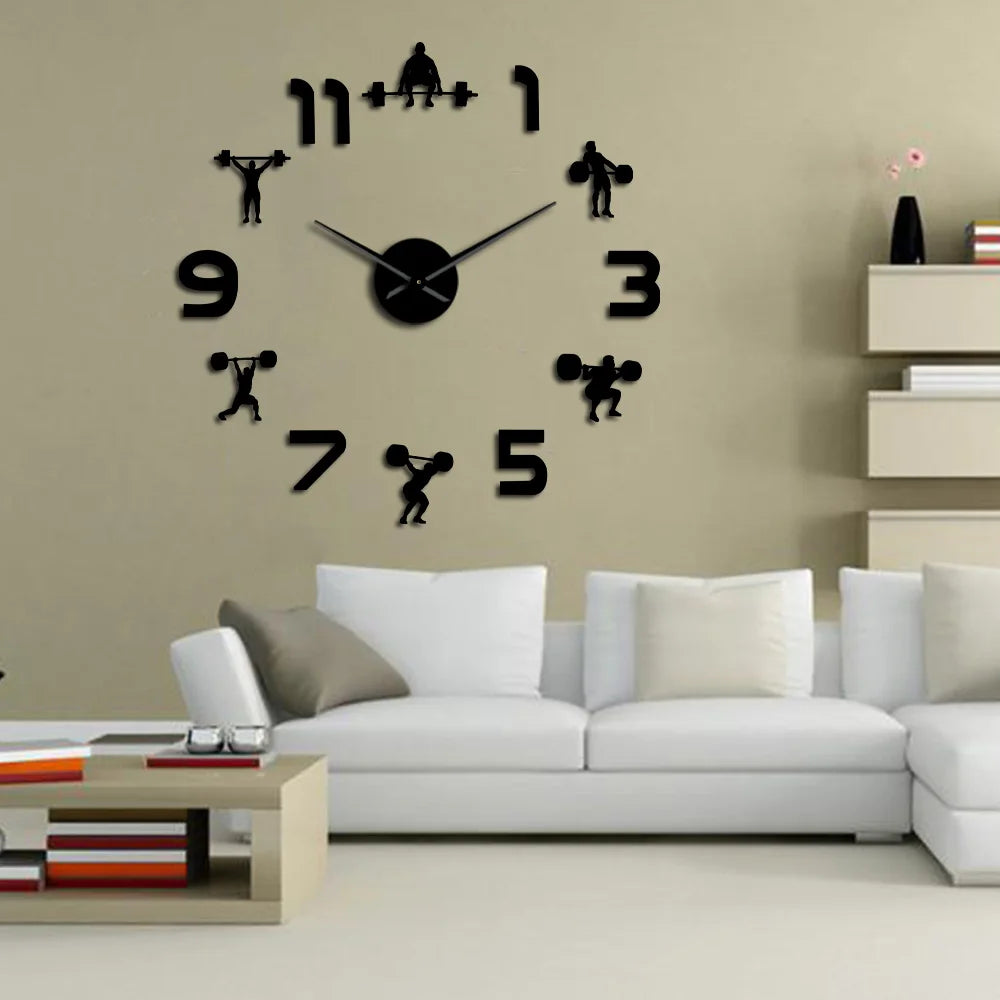 Weightlifting Fitness Room Wall Decor DIY Giant Wall Clock Mirror Effect Powerlifting Frameless Large Wall Clock GYM Wall Watch