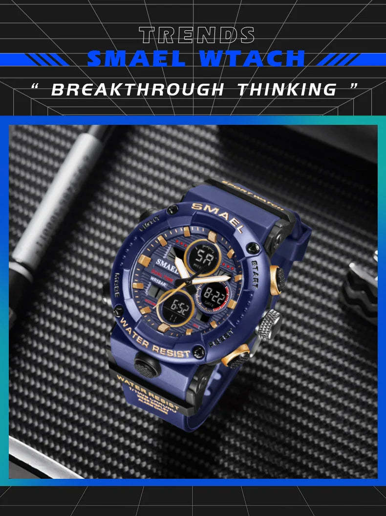 SMAEL Sport Watch for Male Quartz LED Digital Stopwatch Big Dial Clock Waterproof Dual Time Display Wristwatch