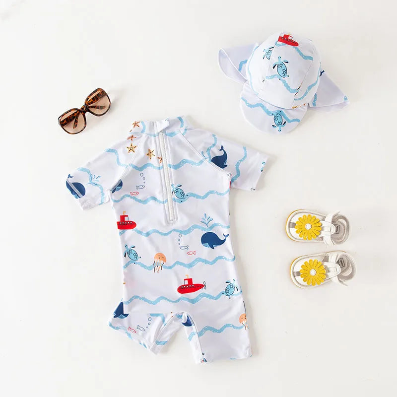 2024 baby boys girls swimwear with cap surfing Wear  swimming suit infant toddler kids children Sunscreen beach bathing Suit