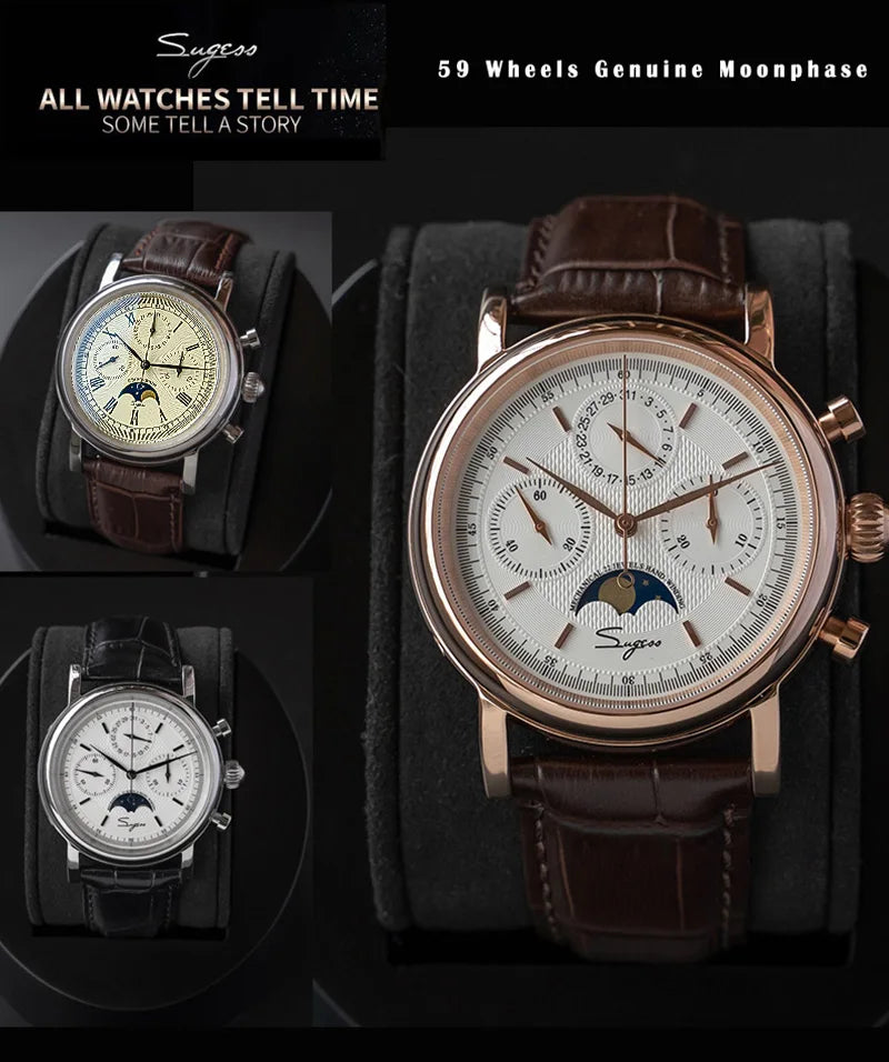 Sugess Chronograph ST1908 Movement Vintage Leather Watch Hand Winding Mechanical 59 Wheels Genuine Moonphase Calendar
