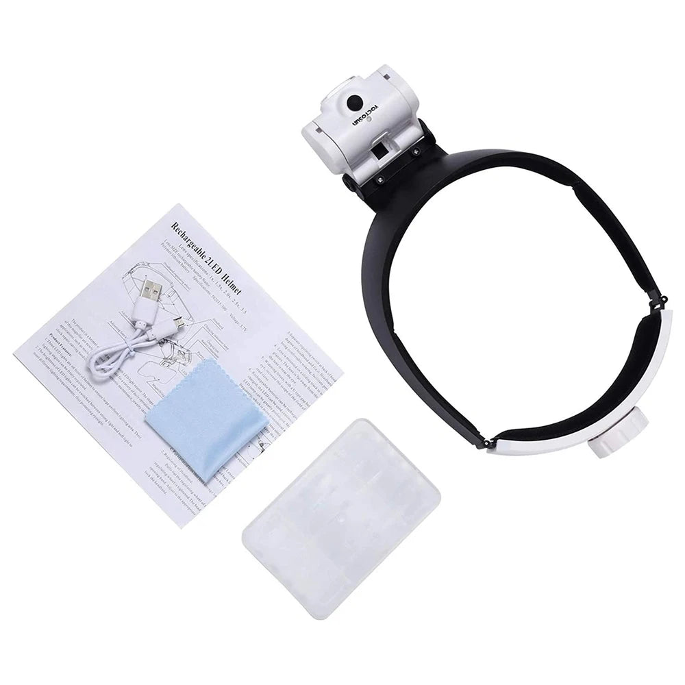 TKDMR USB Rechargeabl Head Mounted Binocular Eyewear Loupe Magnifier with 3LED Illuminated Headband Magnifying Glass For Reading