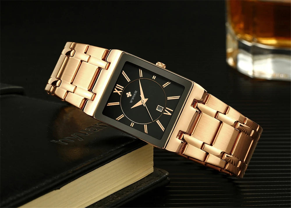 WWOOR Fashion Square White Watches Mens Top Brand Luxury Quartz Wristwatches For Men Casual Waterproof Silver Clock Reloj Hombre