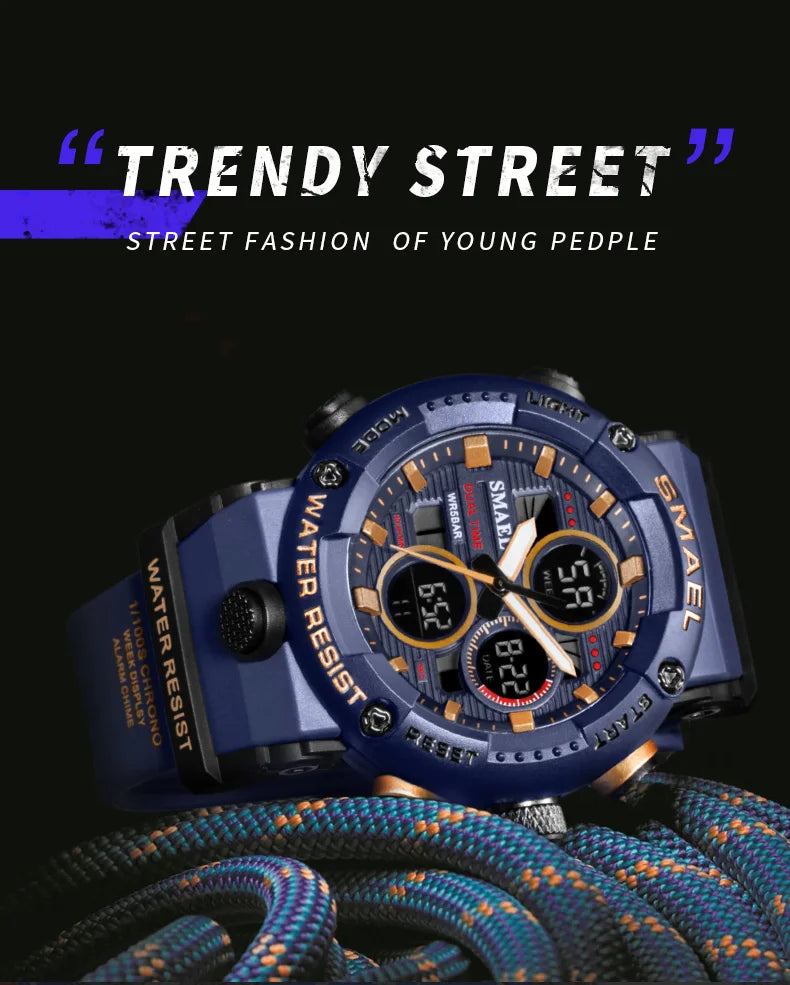 SMAEL Sport Watch for Male Quartz LED Digital Stopwatch Big Dial Clock Waterproof Dual Time Display Wristwatch