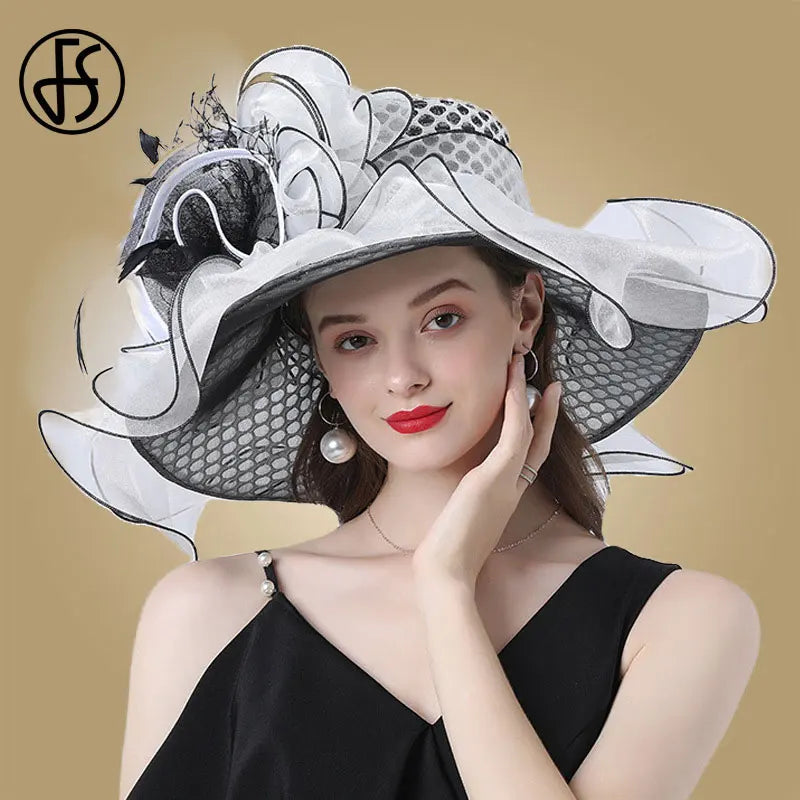 FS Women Organza Red Hats Wedding Fascinators Elegant Big Wide Brim Fedora Kentucky Derby Hats Party Formal Church Ladies Hat