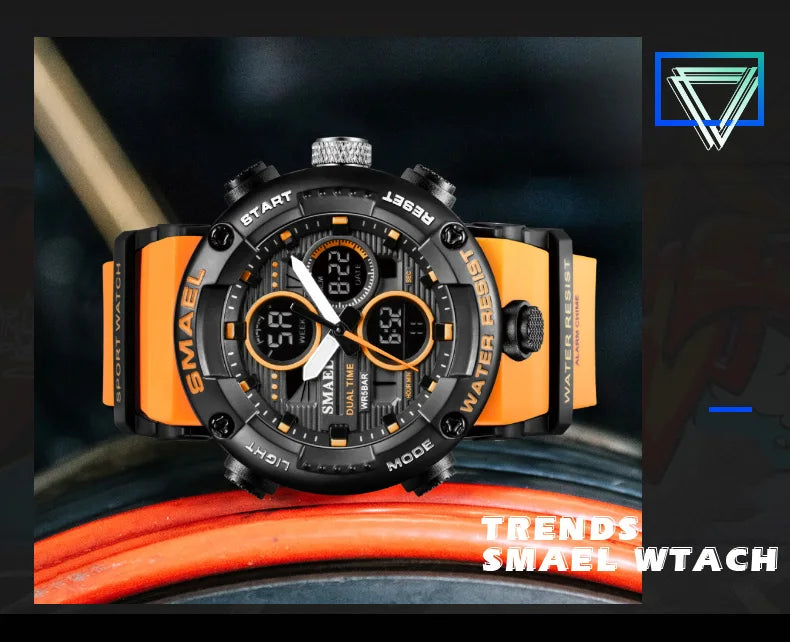 SMAEL Sport Watch for Male Quartz LED Digital Stopwatch Big Dial Clock Waterproof Dual Time Display Wristwatch