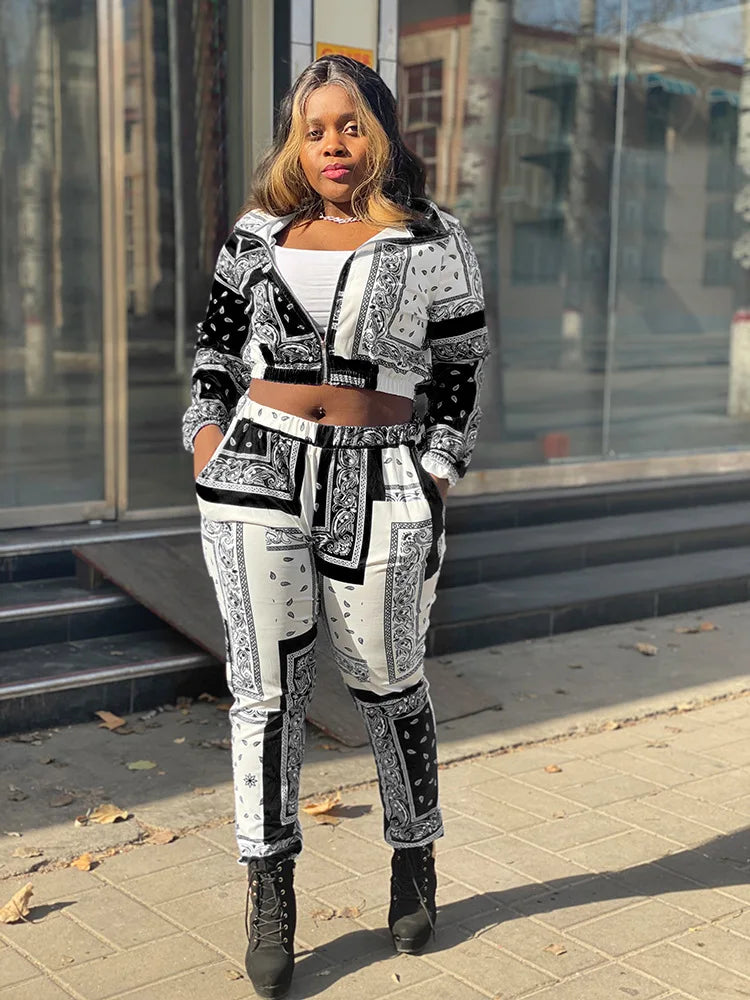 Paisley Bandana Print Two 2 Piece Set Women Fitness Sweatsuit Zipper Up Sweatshirt + Jogger Pants Set Tracksuit Vintage Outfits