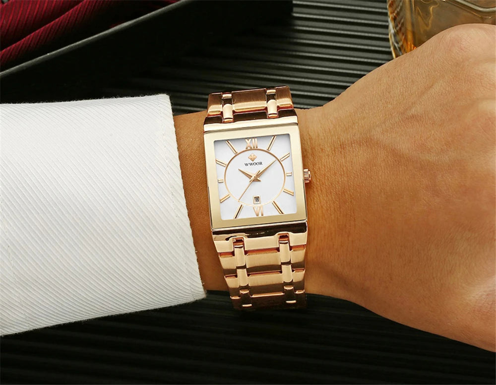 WWOOR Fashion Square White Watches Mens Top Brand Luxury Quartz Wristwatches For Men Casual Waterproof Silver Clock Reloj Hombre