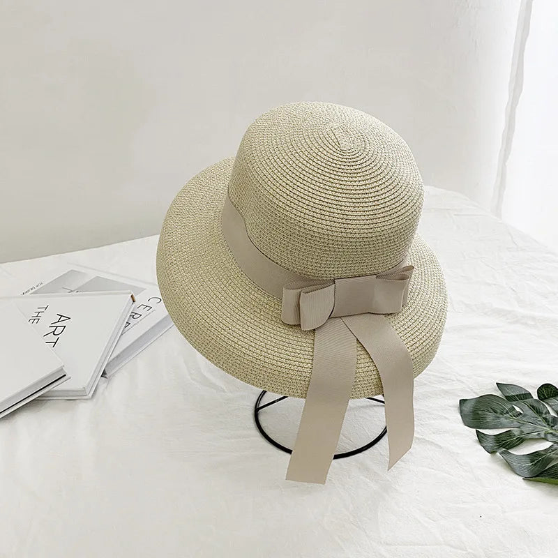 2025 New Summer Sun Hat Bow Straw Hat Visor Temperament Flat Panama Hats Women's Sea Beach Vacation Leisure Sunscreen Hat