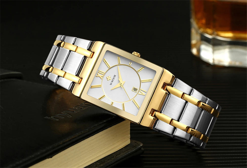 WWOOR Fashion Square White Watches Mens Top Brand Luxury Quartz Wristwatches For Men Casual Waterproof Silver Clock Reloj Hombre