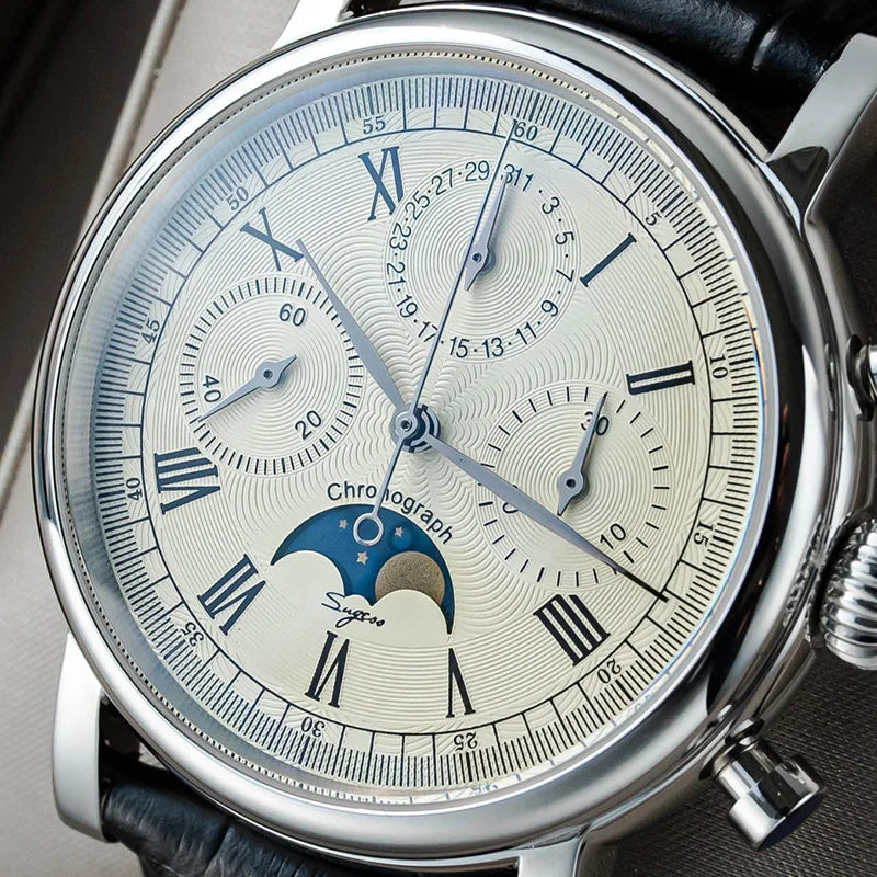 Sugess Chronograph ST1908 Movement Vintage Leather Watch Hand Winding Mechanical 59 Wheels Genuine Moonphase Calendar