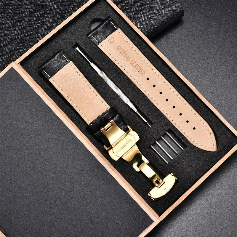 18mm 20mm 22mm 24mm Leather Watch Strap with Box Stainless Steel Butterly Clasp Leather Strap Bracelet Men Women Watchbands
