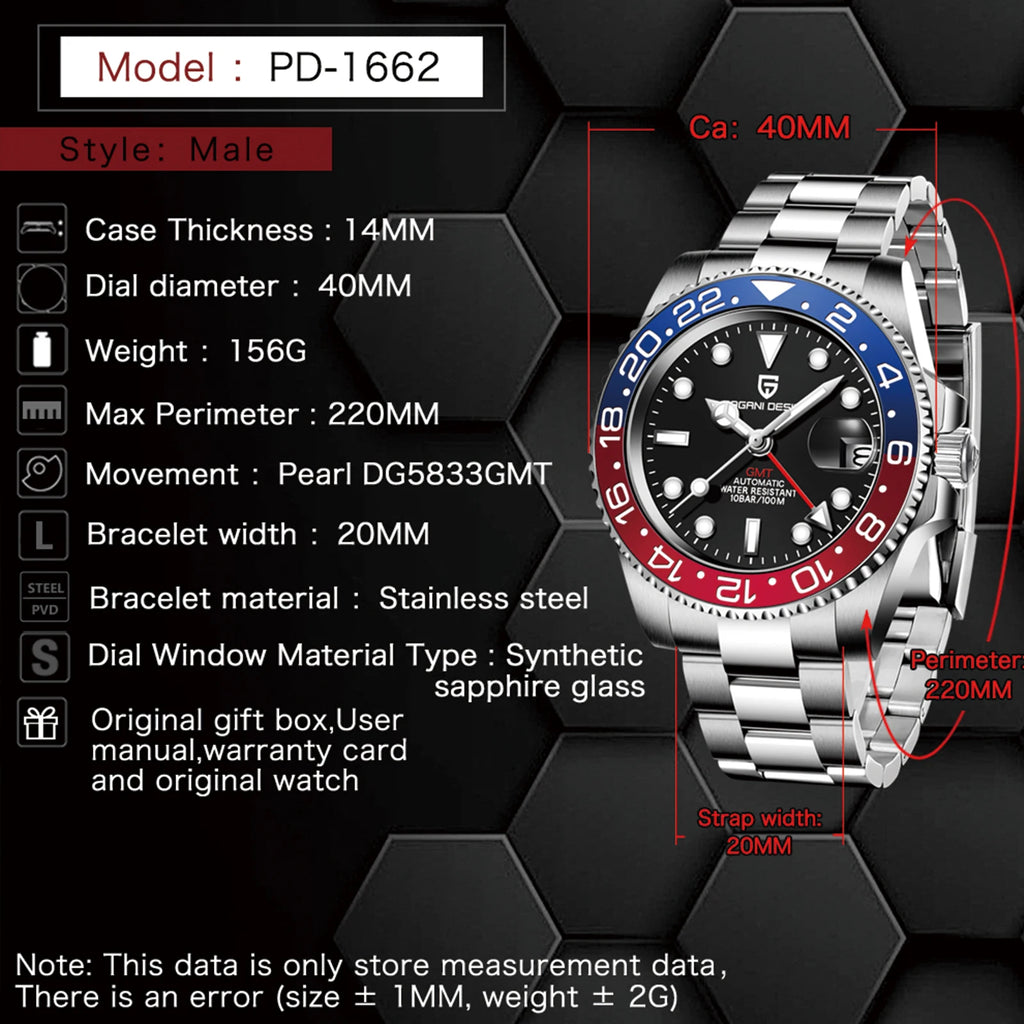 PAGANI DESIGN Top Brand Sapphire Glass Mechanical Watch reloj hombre Luxury Men  Automatic Wristwatch Stainless Steel GMT Watch