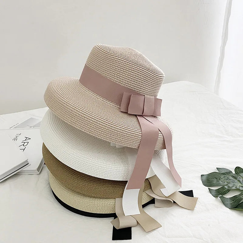 2025 New Summer Sun Hat Bow Straw Hat Visor Temperament Flat Panama Hats Women's Sea Beach Vacation Leisure Sunscreen Hat