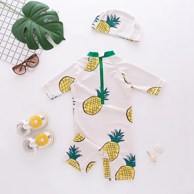 2024 baby boys girls swimwear with cap surfing Wear  swimming suit infant toddler kids children Sunscreen beach bathing Suit
